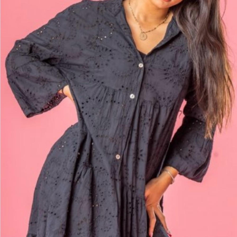 Floral Pattern Broderie Shirt Dress